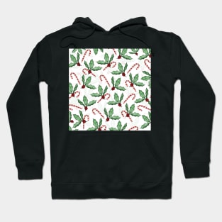 Green Holly Leaves Red Berries Candy Cane Paint Hoodie